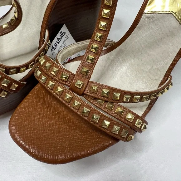 New MICHAEL Michael Kors Brown Gold Wedge Sandals - Picture 2 of 5